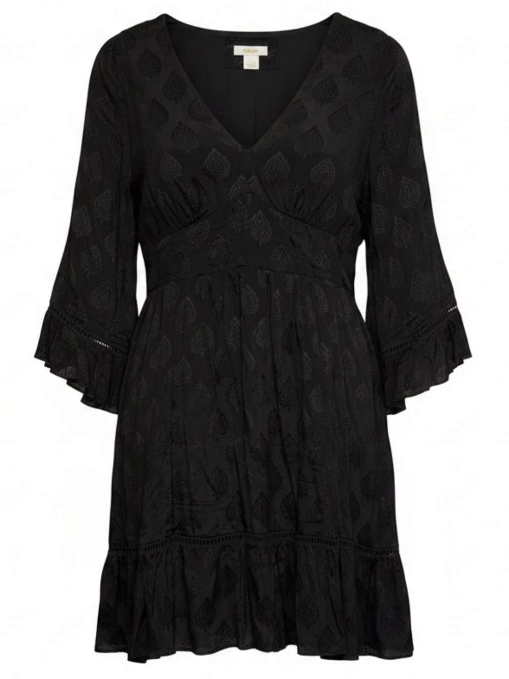 Anthropologie Maeve Black Jacquard Bell Sleeve Dress Sz 12 — Tie Waist